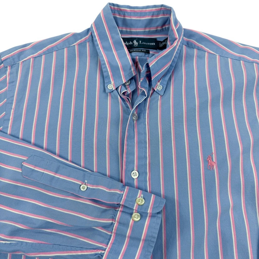 Ralph Lauren Shirt Mens 15 32/33 Blue Stripe Classic Fit Button Down Pony Logo